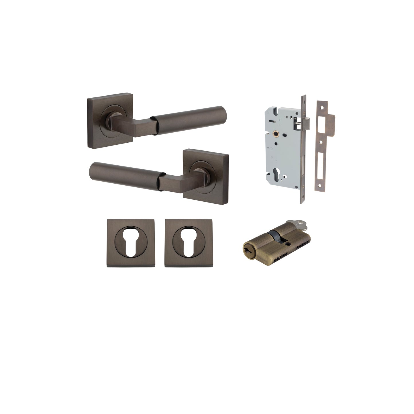 Berlin Lever on Square Rose Signature Brass Entrance Kit - Key/Key