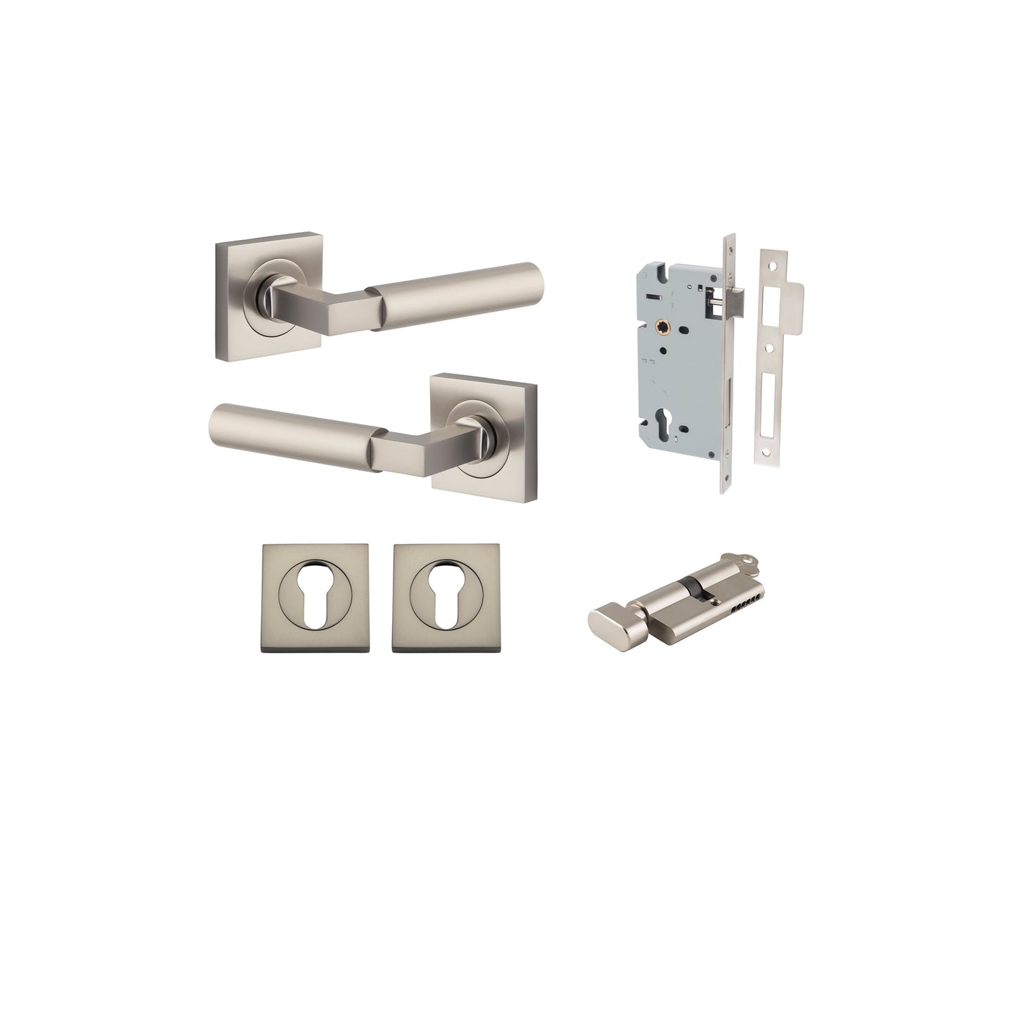 Berlin Lever on Square Rose Satin Nickel Entrance Kit - Key/Thumb Turn