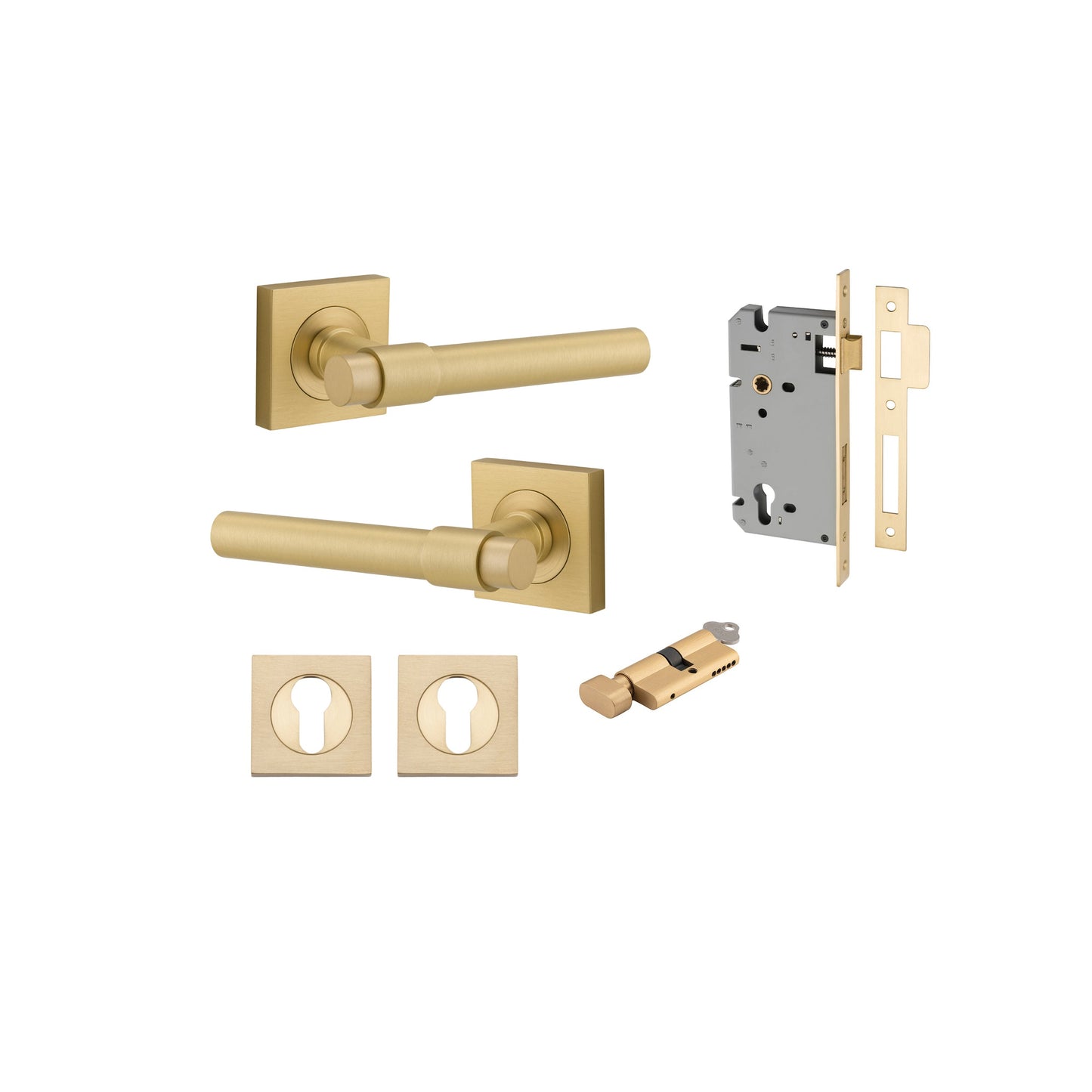 Helsinki Lever on Square Rose Brushed Gold PVD Entrance Kit - Key/Thumb Turn