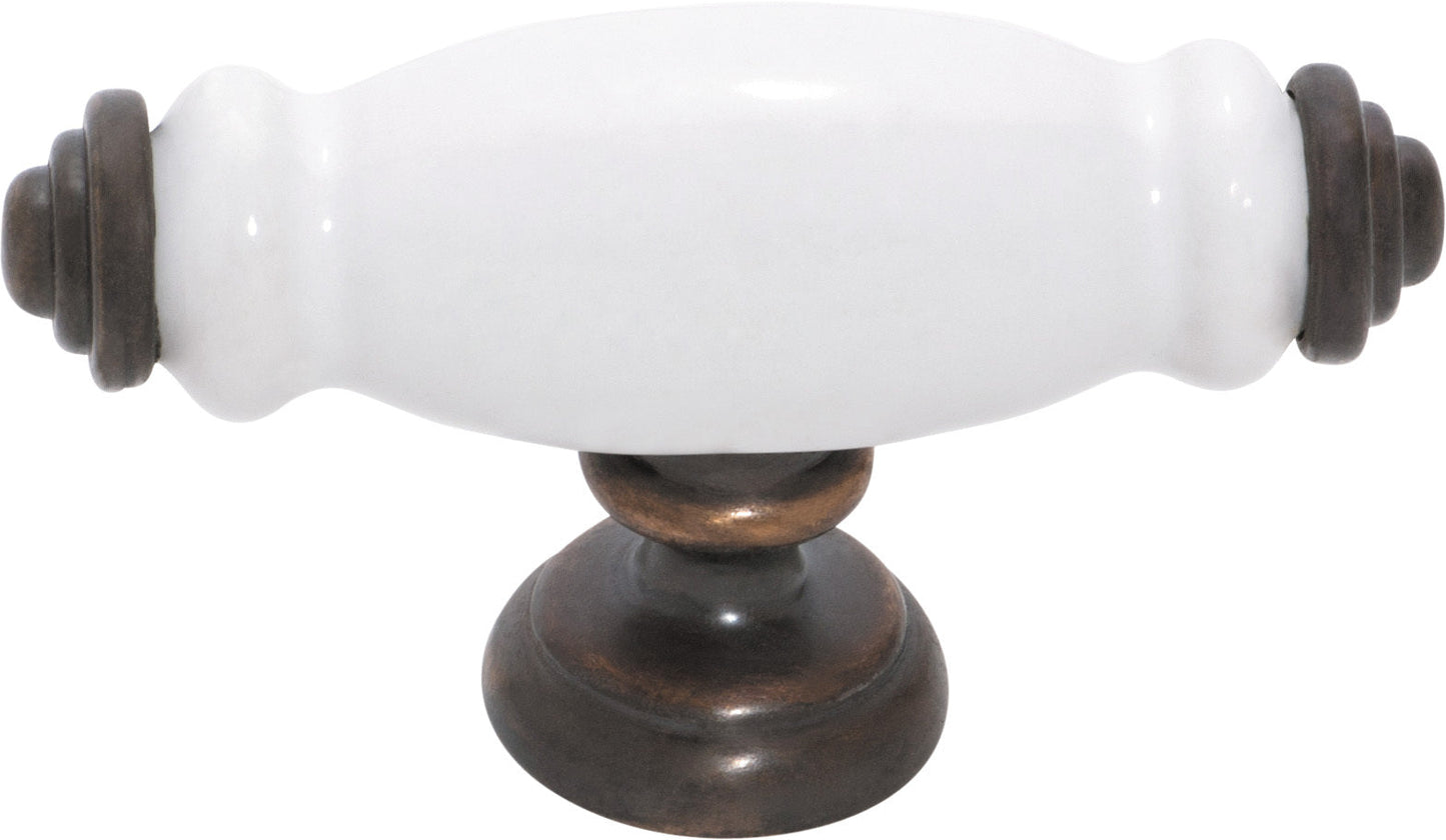 Cabinet 'T' Pull Handle White Porcelain/Antique Brass