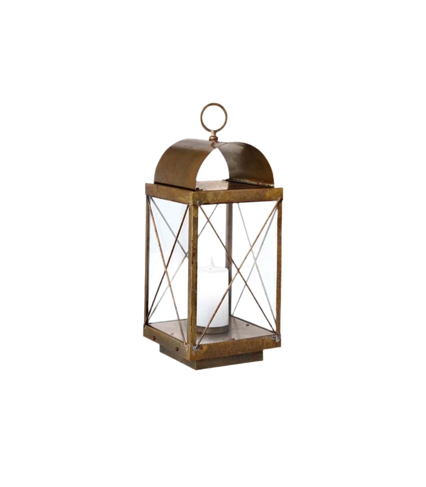 Bronze outdoor floor lantern with a white candle