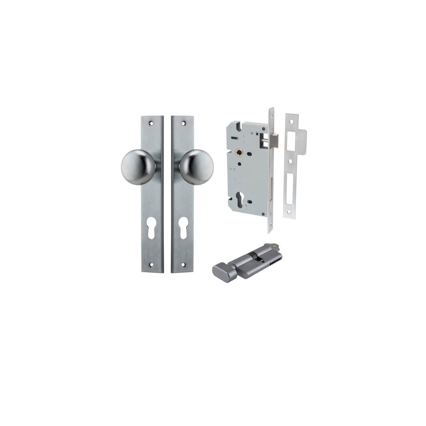 Cambridge Knob Rectangular Brushed Chrome Entrance Kit - Key/Thumb Turn