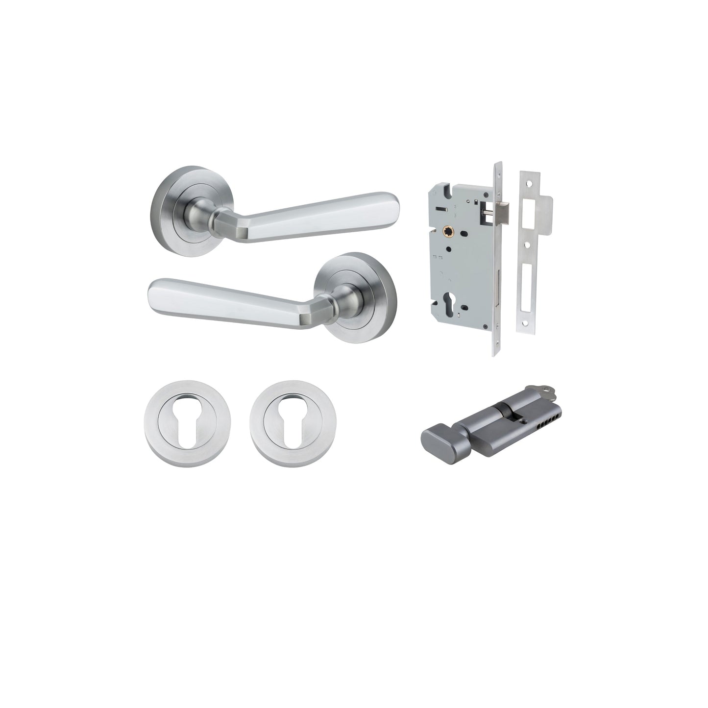 Copenhagen Lever on Rose Brushed Chrome Entrance Kit - Key/Thumb Turn