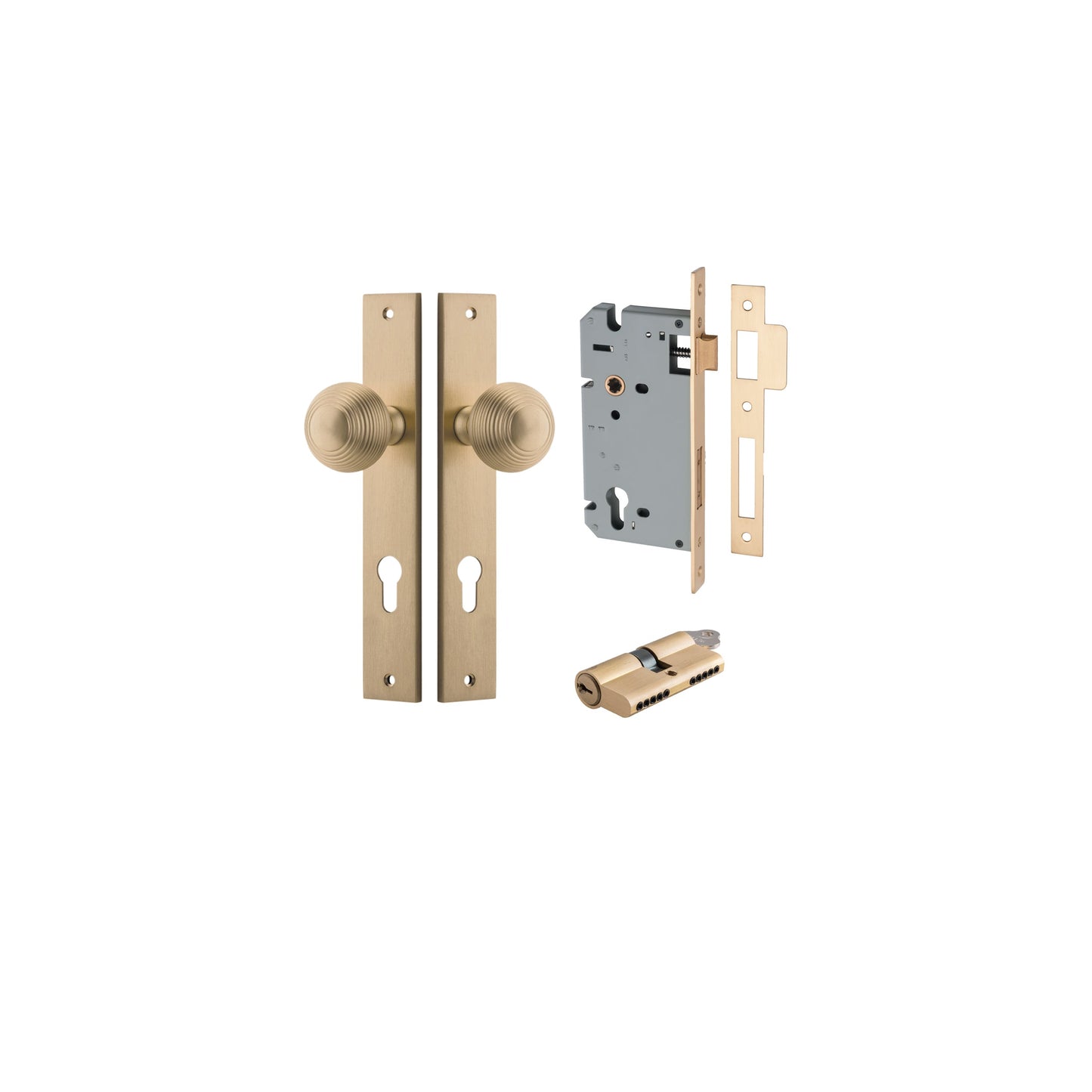Guildford Knob Rectangular Brushed Brass Entrance Kit - Key/Key