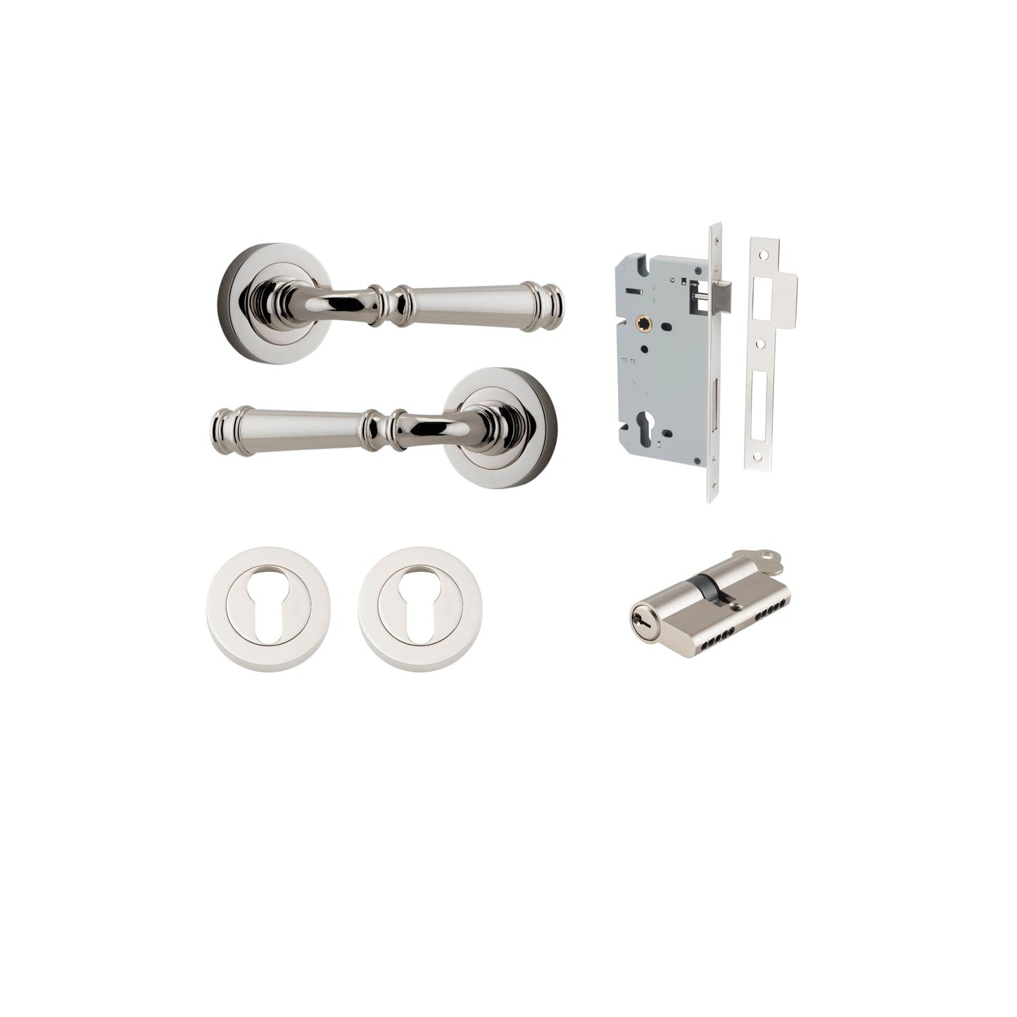 Verona Lever on Rose Polished Nickel Entrance Kit - Key/Key