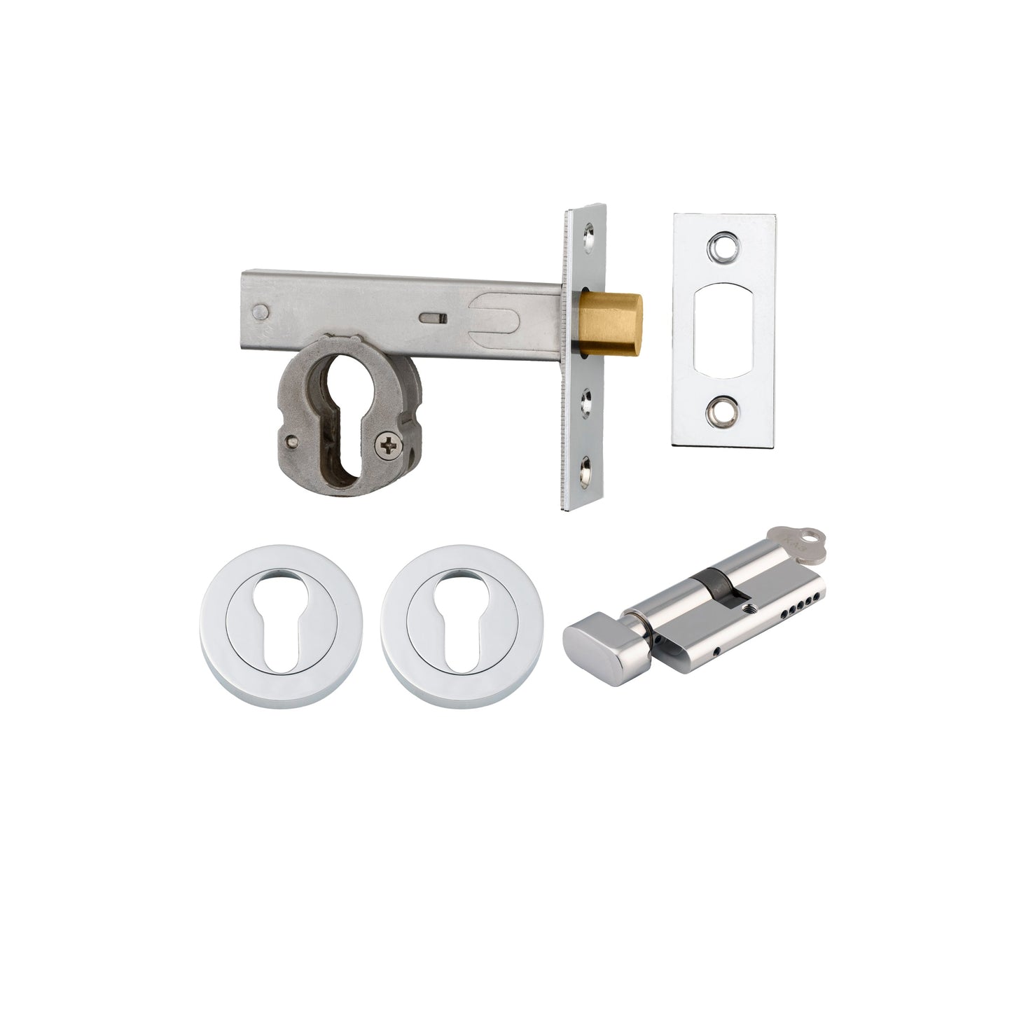 Euro Mortice Deadbolt Polished Chrome Key/Thumb Escutcheon Round Kit