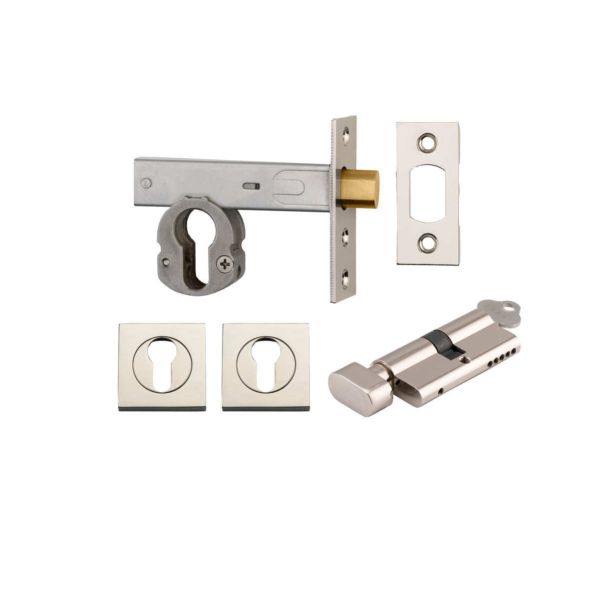 Euro Mortice Deadbolt Polished Nickel Key/Thumb Escutcheon Square Kit 60mm