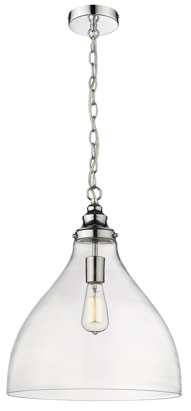 Large clear glass shade on chrome chain suspension