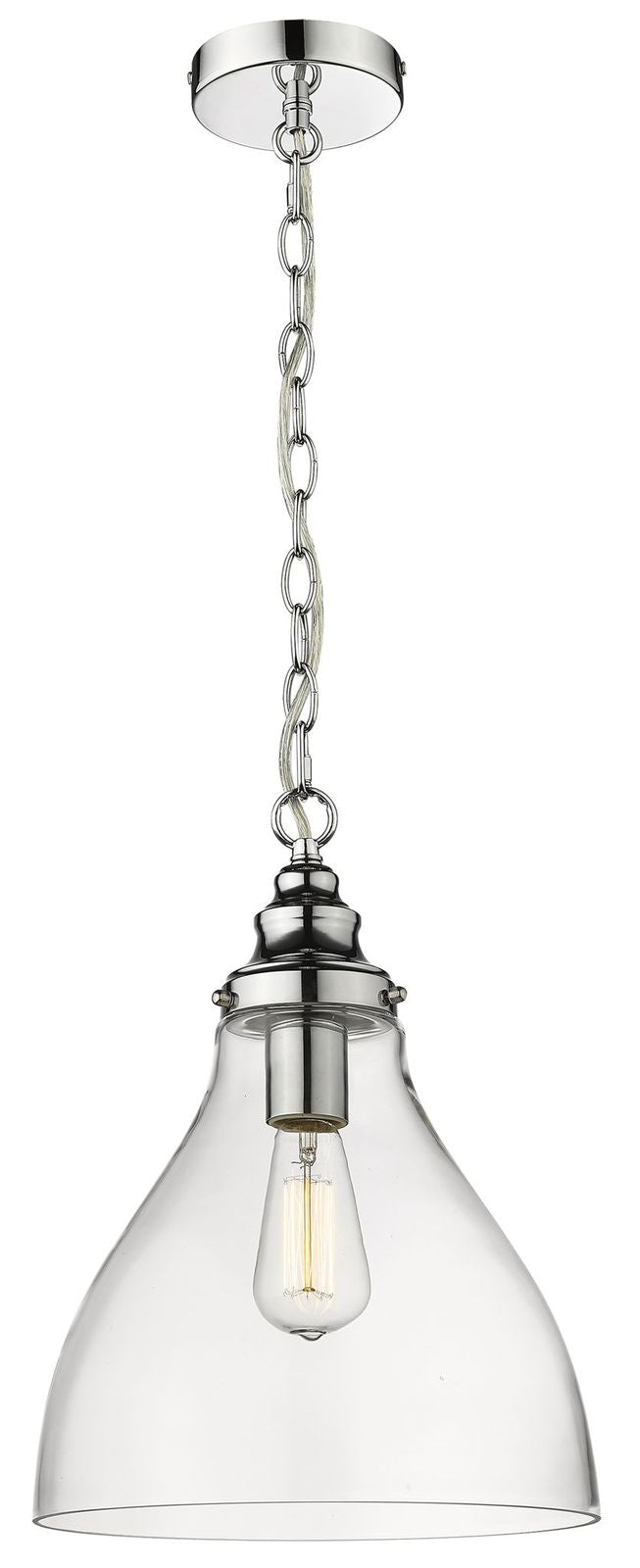 A small clear chrome light pendant with a chain for hanging.