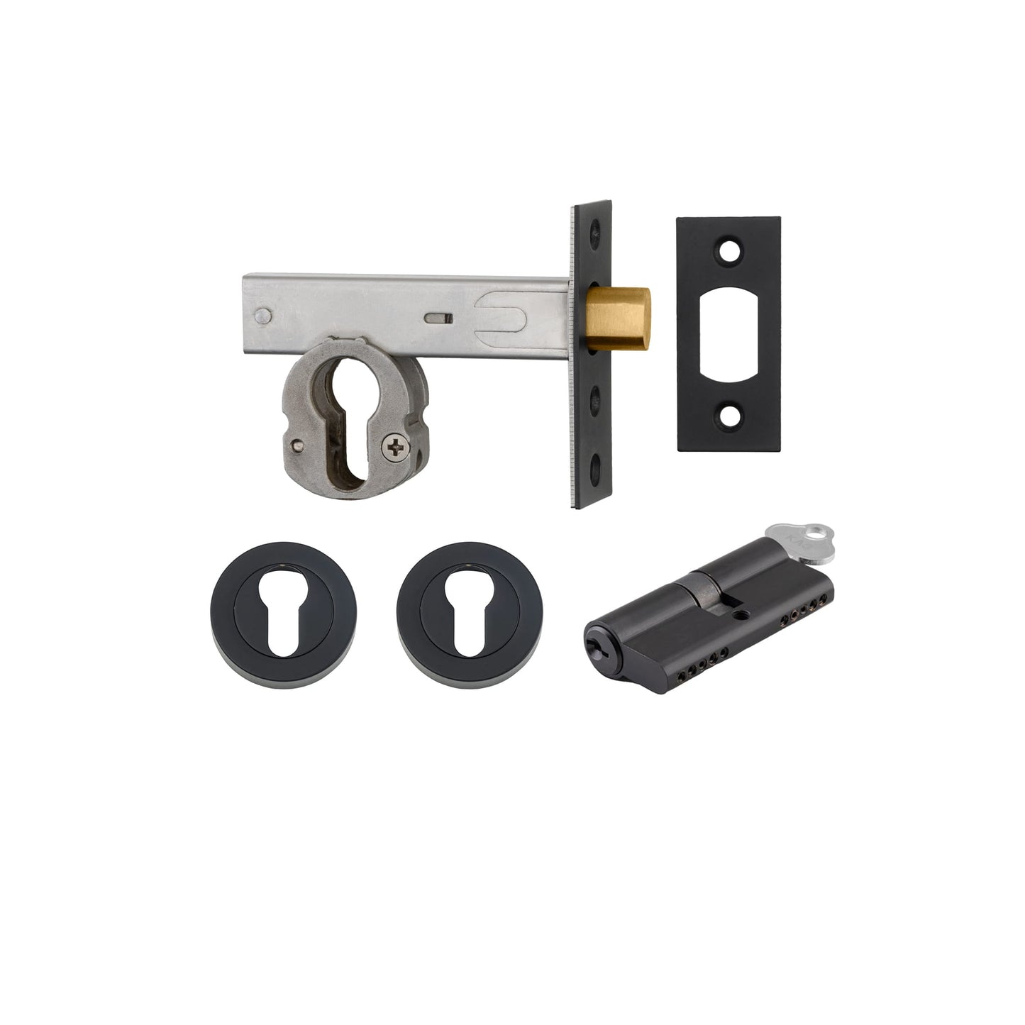 Euro Mortice Deadbolt Matt Black Key/Key Escutcheon Round Kit