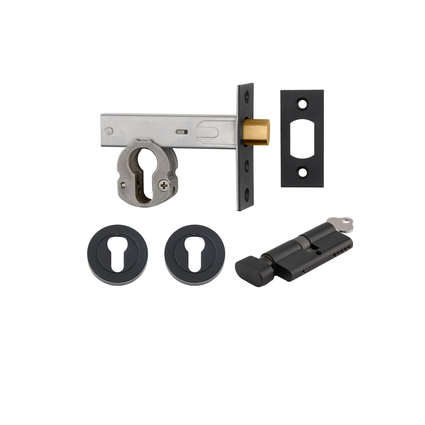 Euro Mortice Deadbolt Matt Black Key/Thumb Escutcheon Round Kit