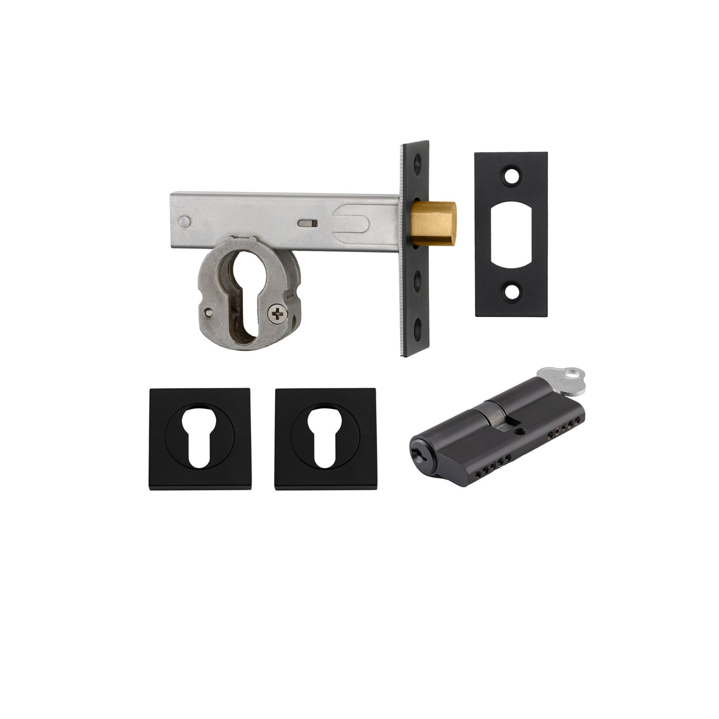 Euro Mortice Deadbolt Matt Black Key/Key Escutcheon Square Kit