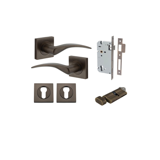 Oxford Lever on Square Rose Signature Brass Entrance Kit - Key/Thumb Turn