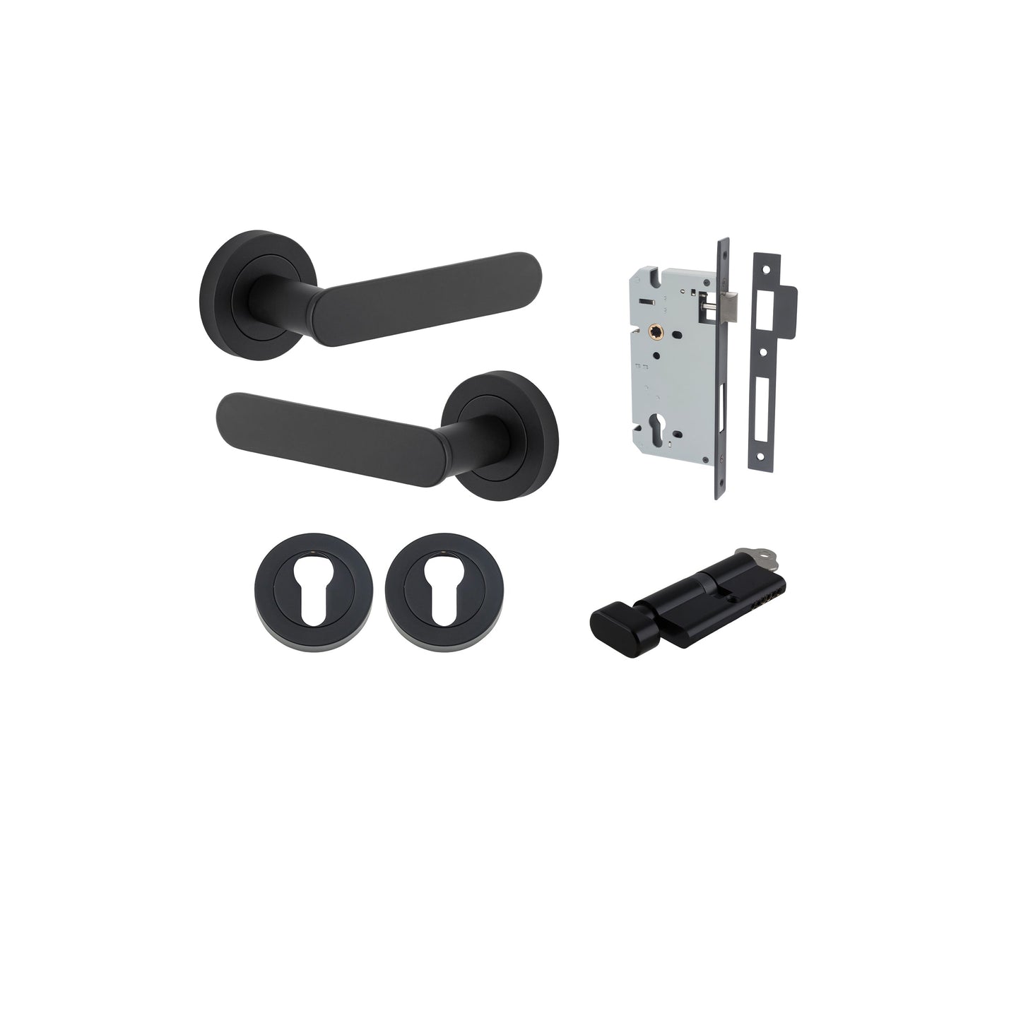 Bronte Lever on Rose Matt Black Entrance Kit - Key/Thumb Turn