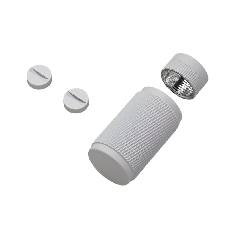 White cylindrical dimmer knob with knurled surface and metallic cap