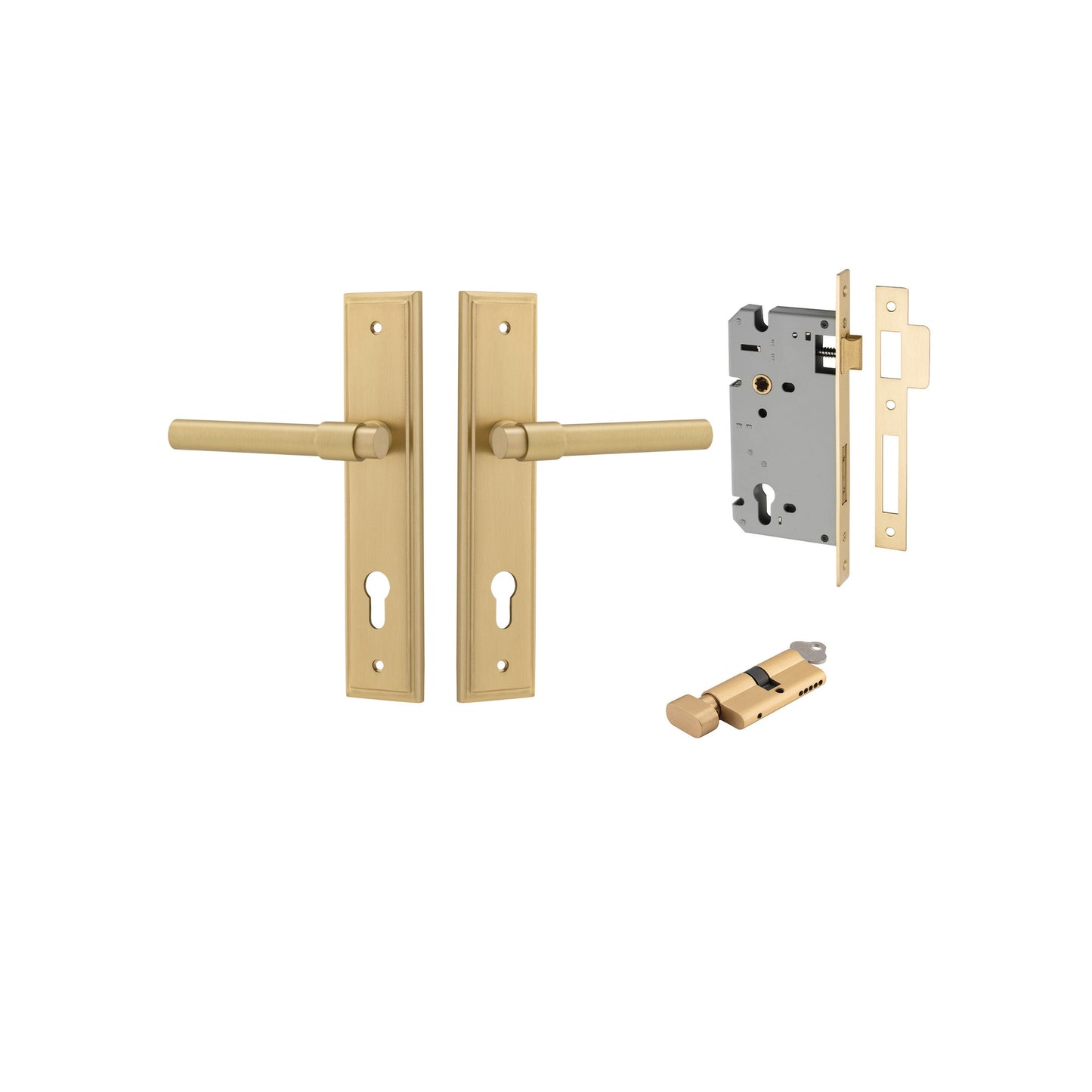 Helsinki Lever Stepped Brushed Gold PVD Entrance Kit - Key/Thumb Turn