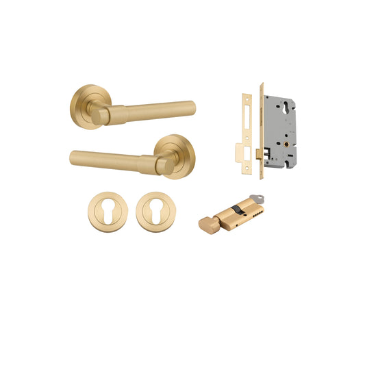 Helsinki Lever on Rose Brushed Gold PVD Entrance Kit - Key/Thumb Turn