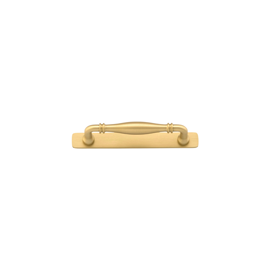 Sarlat Cabinet Pull with Backplate Brushed Gold PVD CTC 128mm