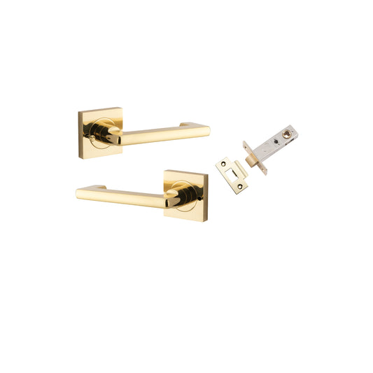 Baltimore Return Lever on Square Rose Polished Brass Inbuilt Privacy Kit