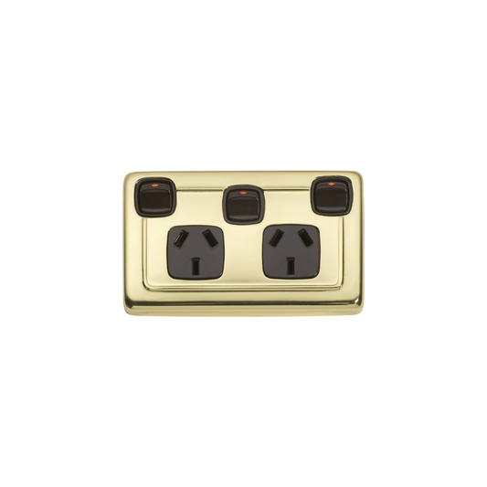 Double Power Point with Extra Switch Polished Brass/Brown