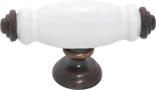Cabinet 'T' Pull Handle White Porcelain/Antique Brass