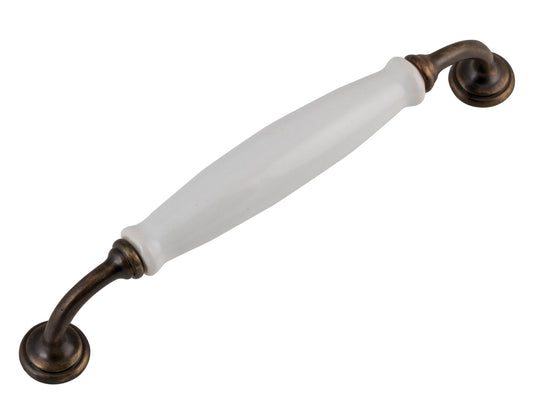 Cabinet 'D' Pull Handle Large White Porcelain/Antique Brass