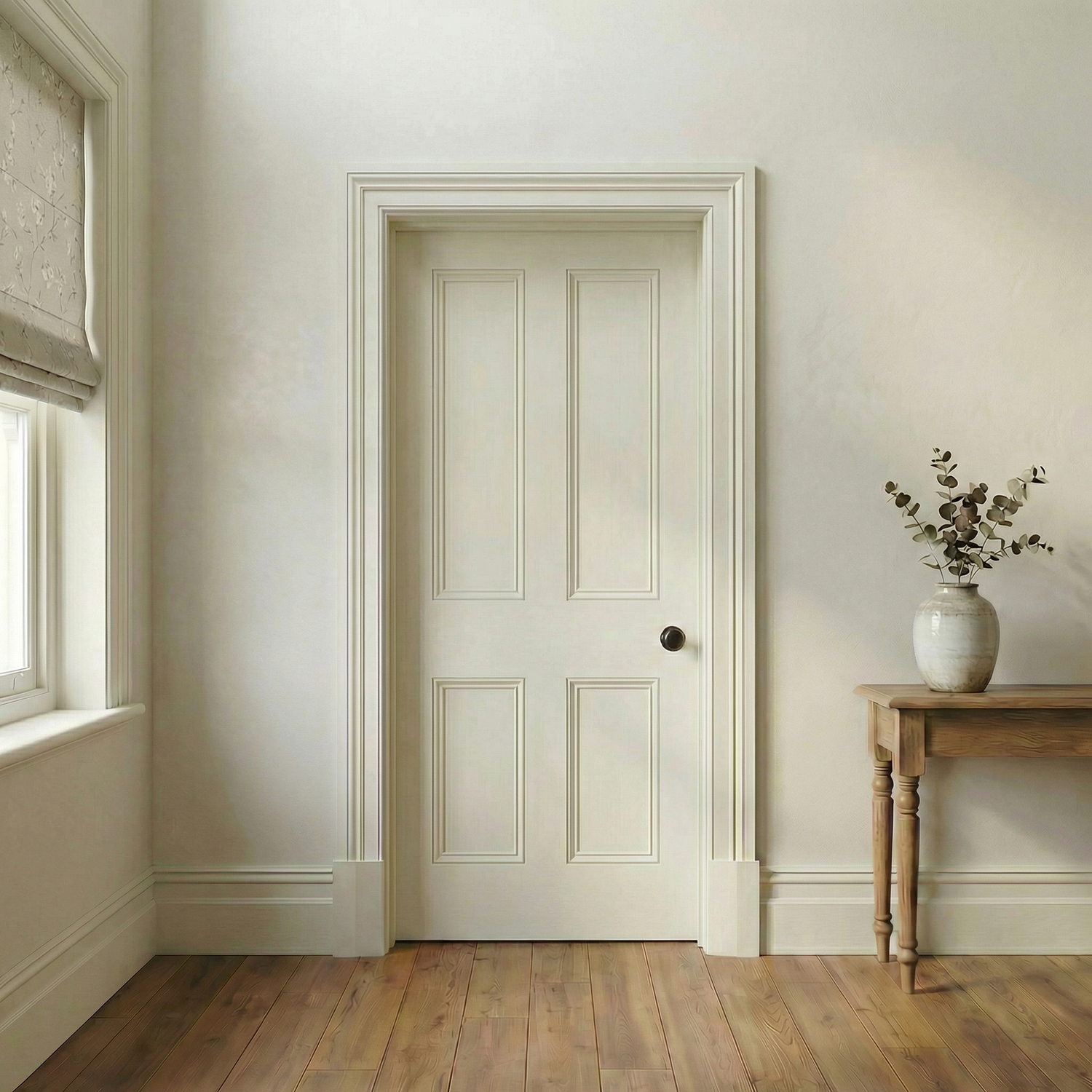 Victorian four-panel timber door fitted with a traditional dark brass knob, set within simple period architraves in a softly painted neutral interior with timber floorboards and natural daylight.