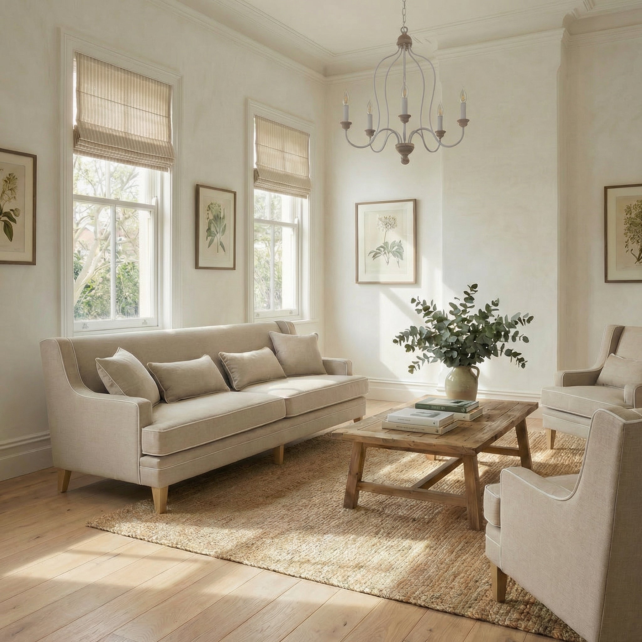 Classic pendant with candle-style lights hanging in a Victorian-era living room with neutral walls, Roman blinds, oak floorboards, and timeless upholstered seating.