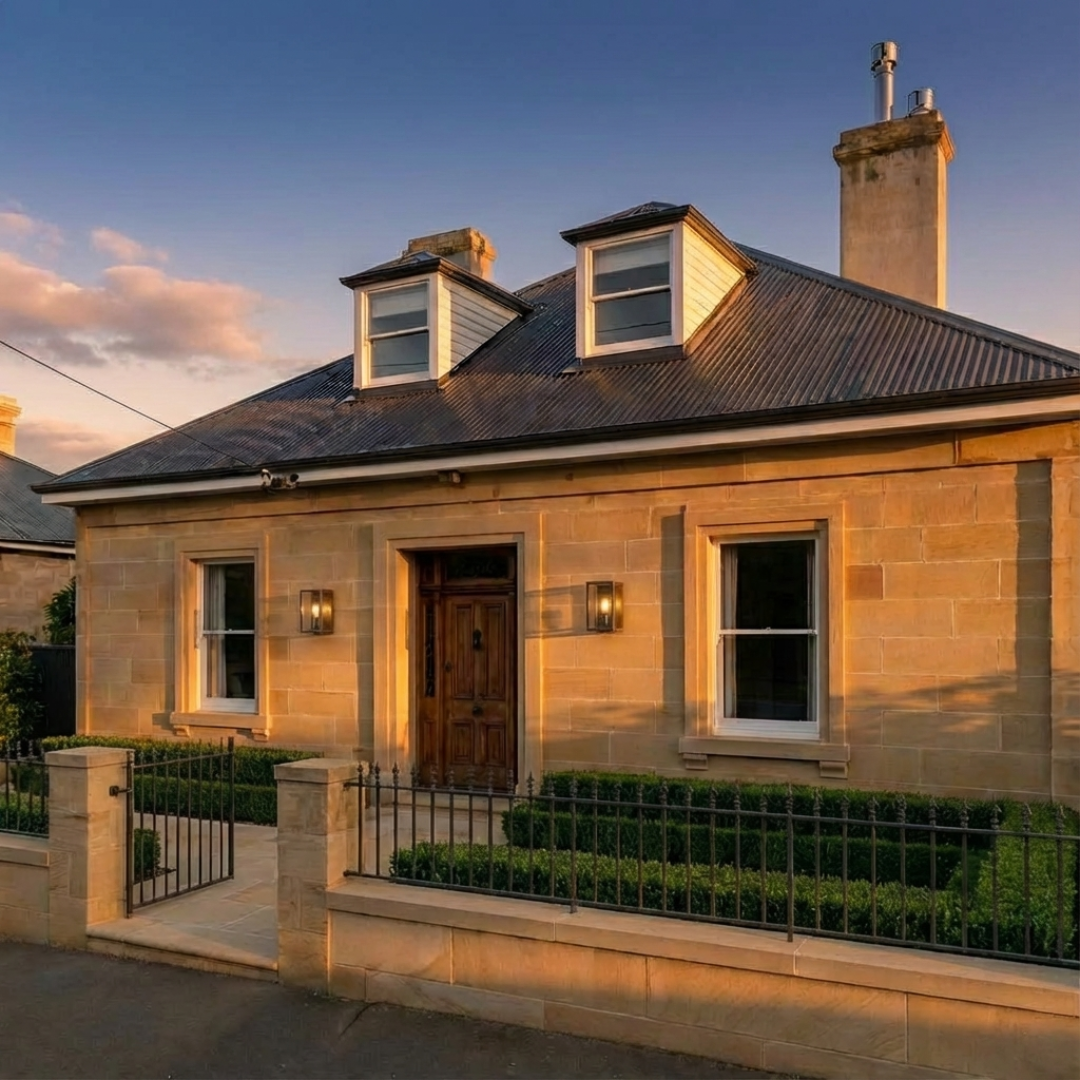 Sandstone cottage in Hobart with symmetrical façade, timber front door, black metal lanterns, sash windows and low hedge behind an iron fence at sunset.