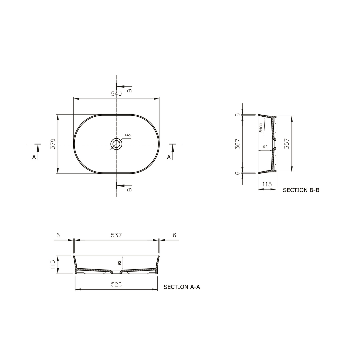 Fino 55 x 38 Above Counter Fireclay Basin Gloss White