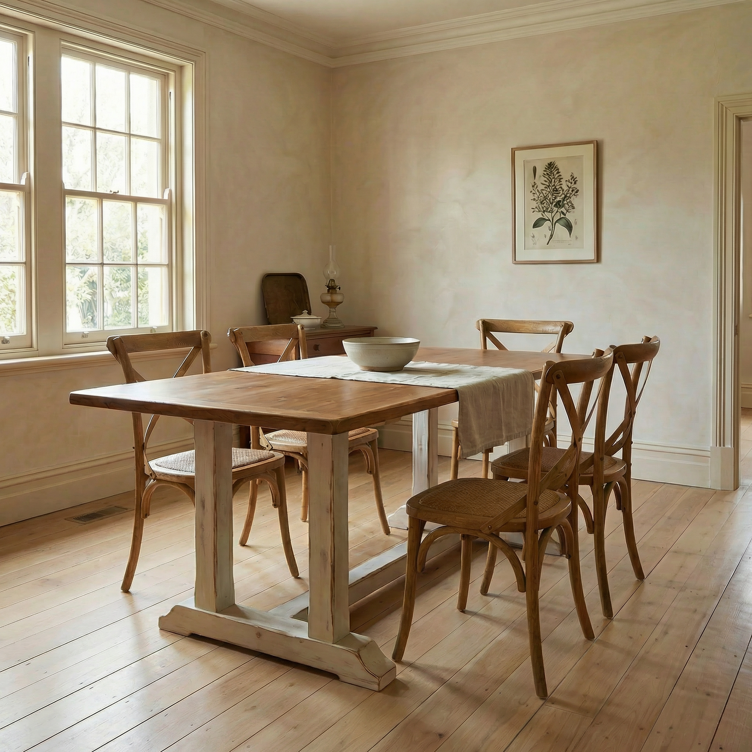 Handcrafted solid timber refectory dining table with stretcher base in a light-filled period dining room, featuring pale timber floorboards, traditional skirting and architraves, simple timber cross-back chairs and soft neutral walls.