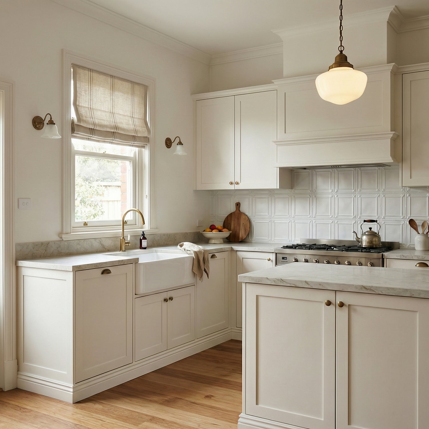 Classic white period kitchen featuring a pressed tin splashback in a traditional pattern, shaker-style cabinetry, marble benchtops, farmhouse fireclay sink beneath a timber-framed window, aged brass tapware and warm timber floorboards.