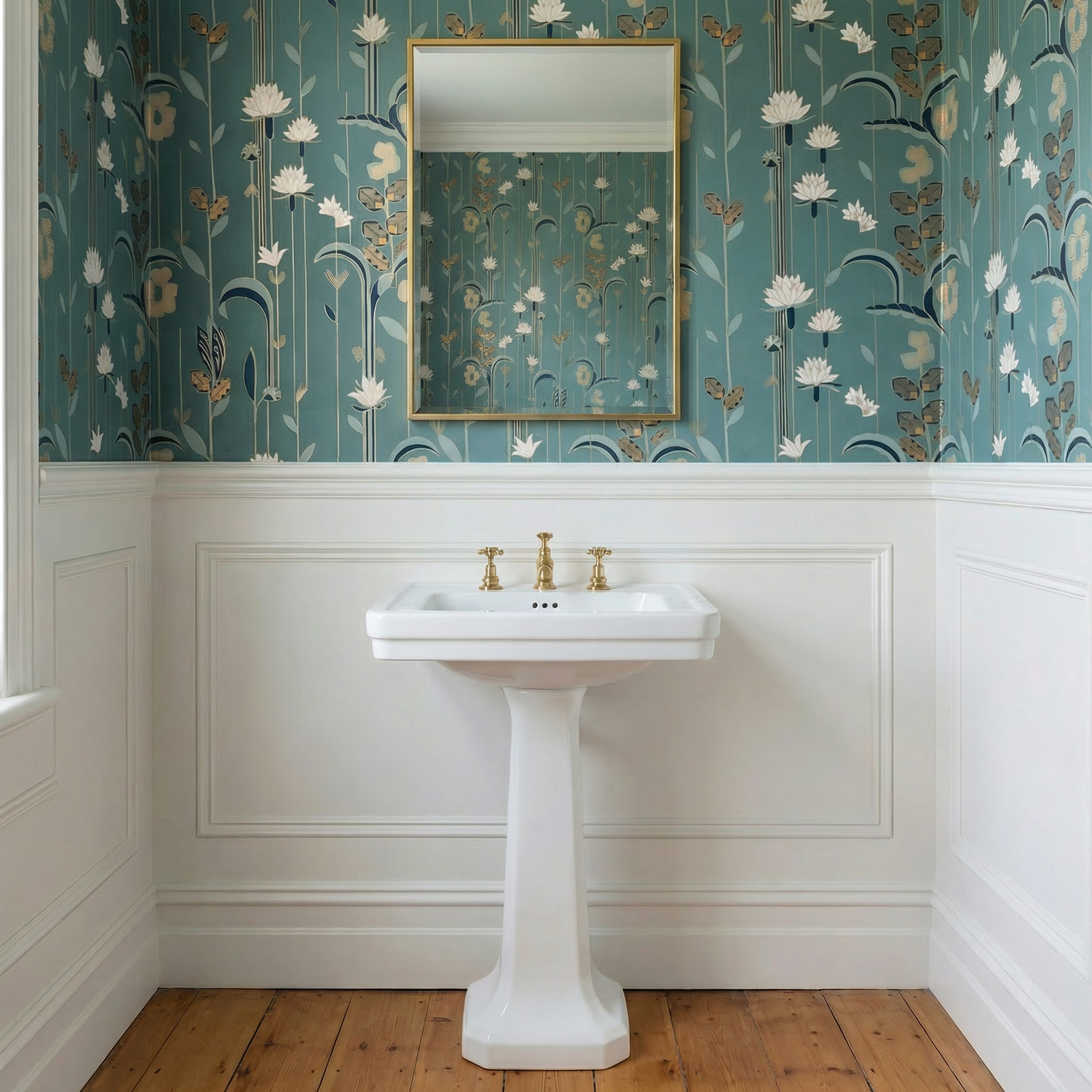 Powder room featuring teal floral wallpaper installed above a white painted timber dado rail, with simple wall panelling below, a classic white pedestal basin with brass tapware, light Victorian timber floorboards, and a slim gold framed mirror centred above.
