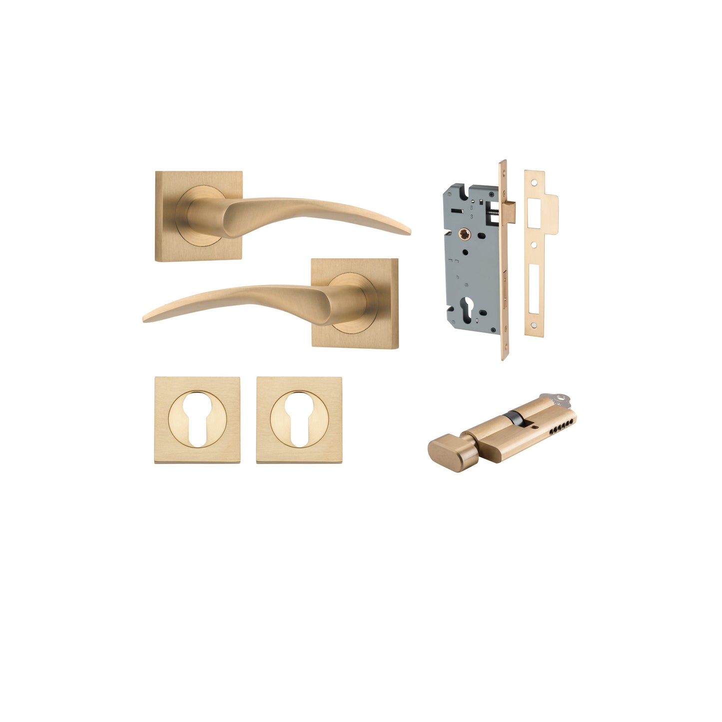 Oxford Lever on Square Rose Brushed Brass Entrance Kit - Key/Thumb Turn