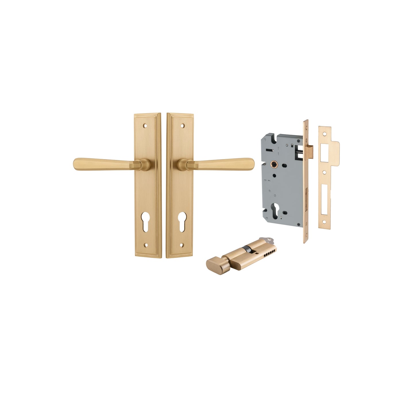 Copenhagen Lever Stepped Brushed Brass Entrance Kit - Key/Thumb Turn