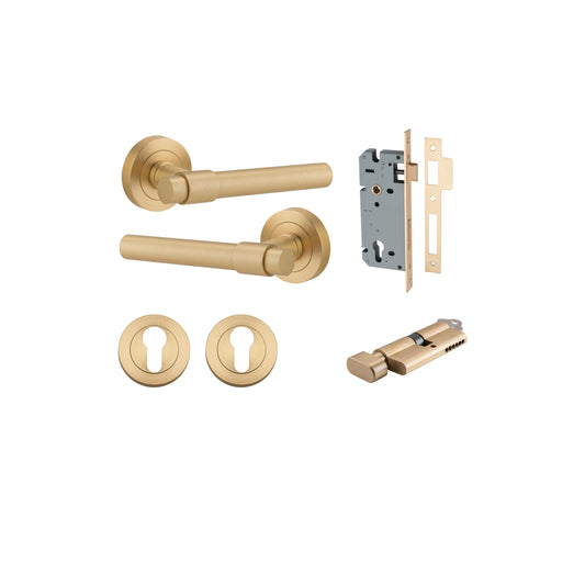 Helsinki Lever on Rose Brushed Brass Entrance Kit - Key/Thumb Turn