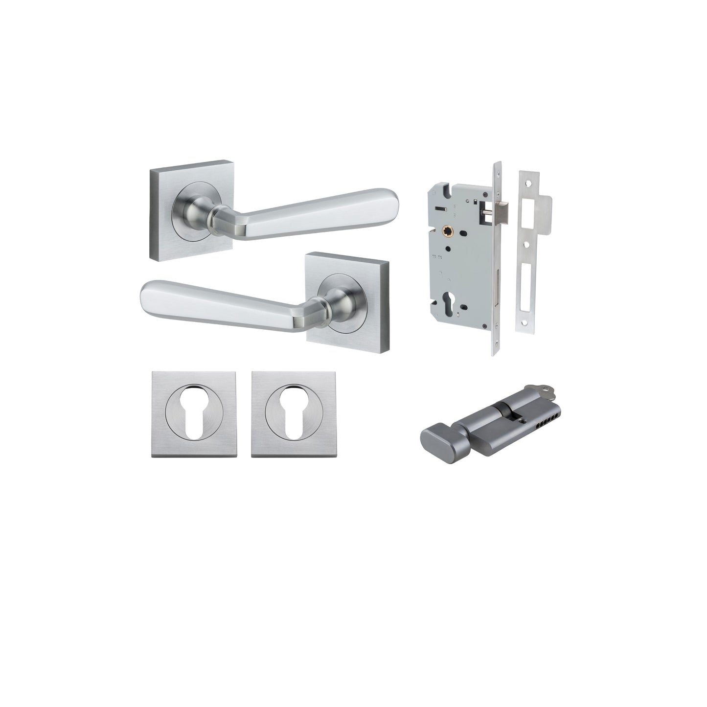 Copenhagen Lever on Square Rose Brushed Chrome Entrance Kit - Key/Thumb Turn