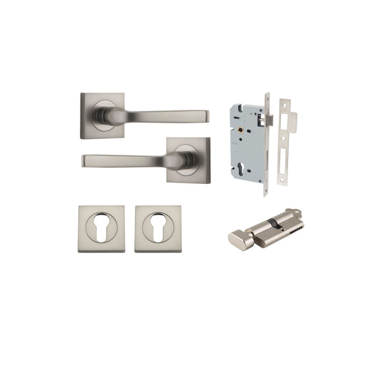 Annecy Lever on Square Rose Satin Nickel Entrance Kit - Key/Thumb Turn