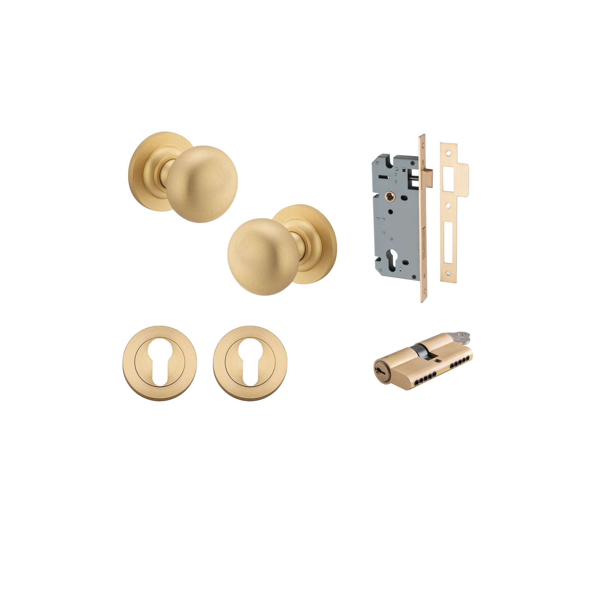 Cambridge Knob on Rose Brushed Brass Entrance Kit - Key/Key