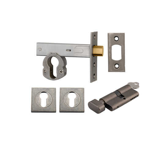 Euro Mortice Deadbolt Distressed Nickel Key/Thumb Escutcheon Square Kit 70mm