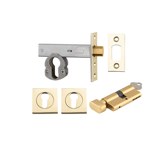 Euro Mortice Deadbolt Polished Brass Key/Thumb Escutcheon Square Kit
