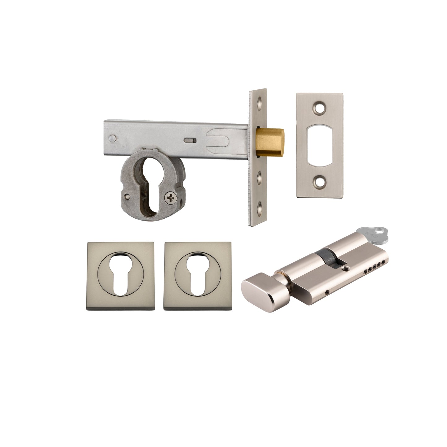 Euro Mortice Deadbolt Satin Nickel Key/Thumb Escutcheon Square Kit
