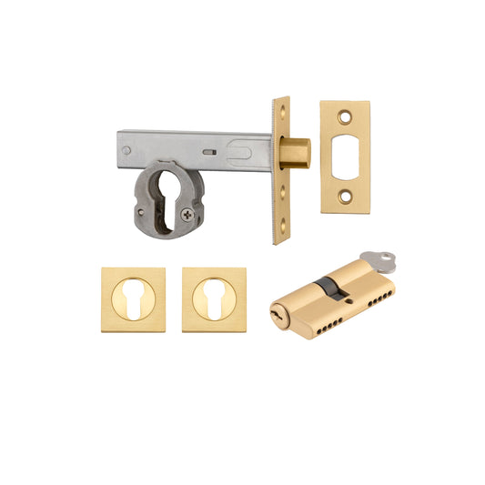 Euro Mortice Deadbolt Brushed Brass Key/Key Escutcheon Square Kit 70mm