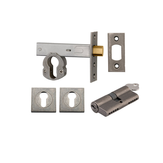 Euro Mortice Deadbolt Distressed Nickel Key/Key Escutcheon Square Kit 70mm