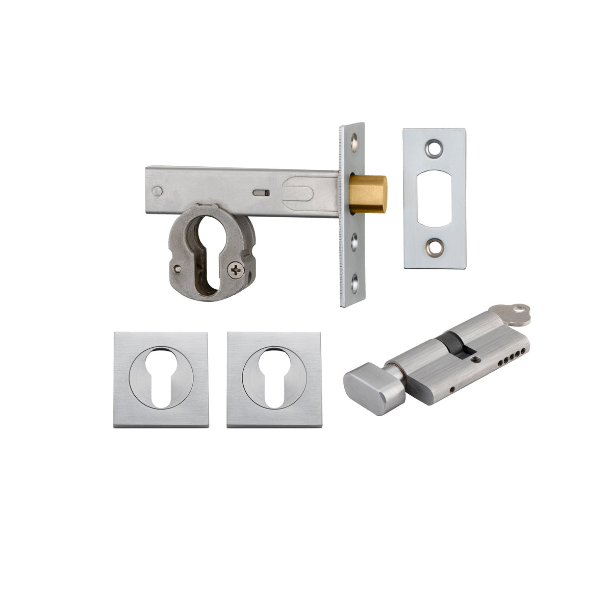Euro Mortice Deadbolt Brushed Chrome Key/Thumb Escutcheon Square Kit 60mm