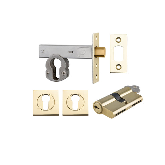 Euro Mortice Deadbolt Polished Brass Key/Key Escutcheon Square Kit 70mm
