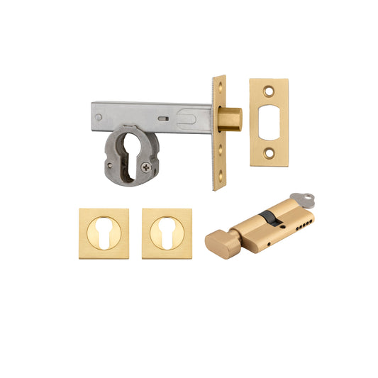 Euro Mortice Deadbolt Brushed Brass Key/Thumb Escutcheon Square Kit 70mm