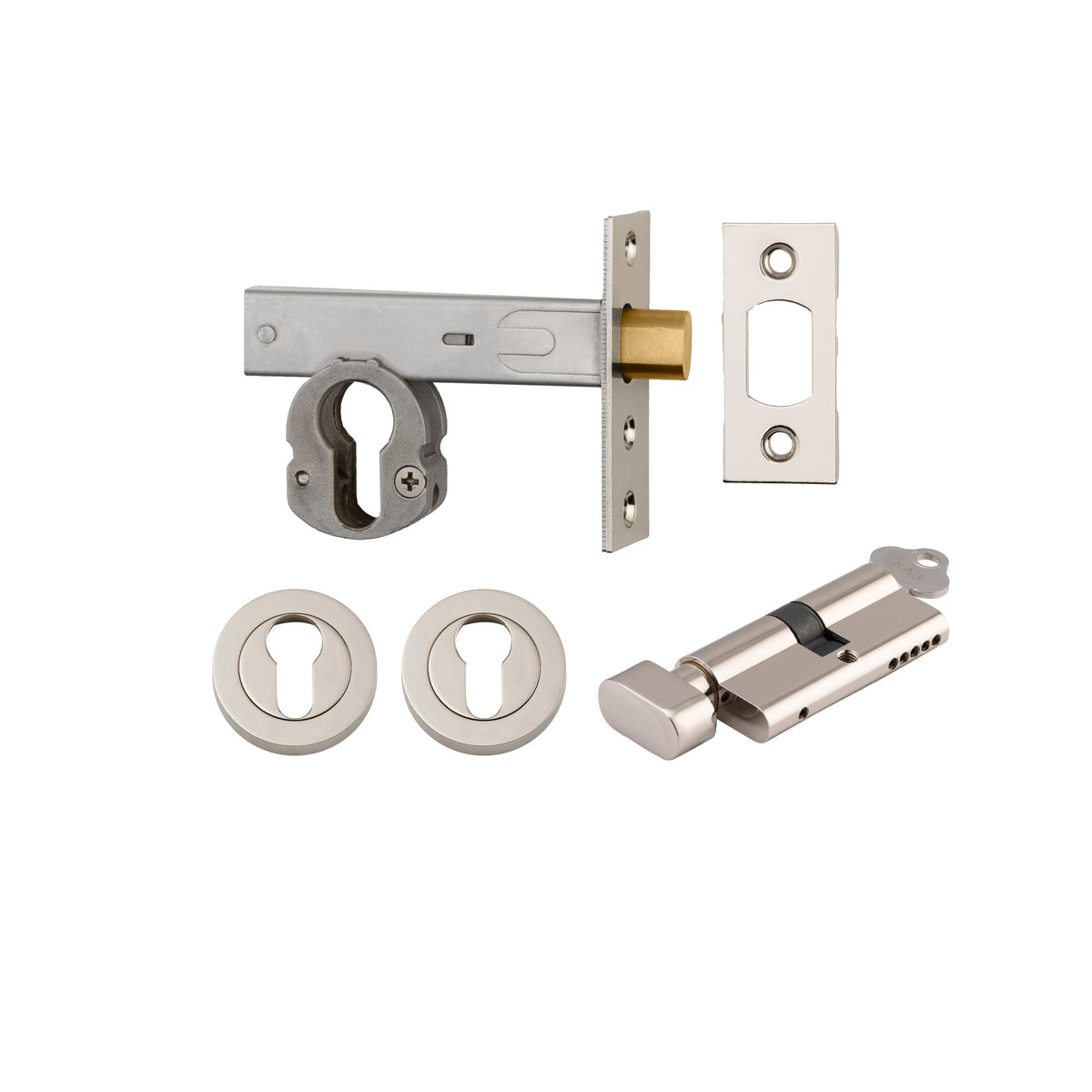 Euro Mortice Deadbolt Polished Nickel Key/Thumb Escutcheon Round Kit 70mm