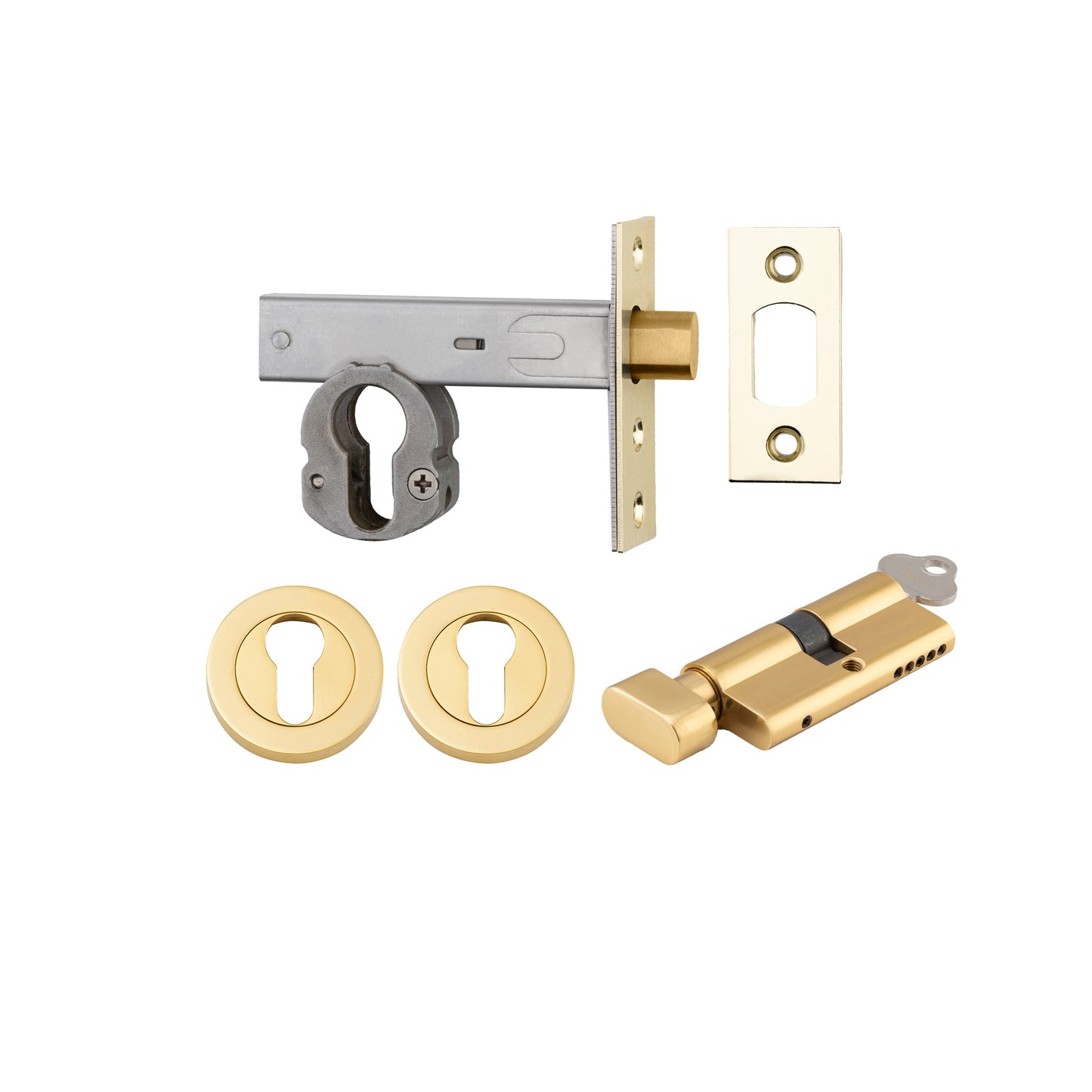 Euro Mortice Deadbolt Polished Brass Key/Thumb Escutcheon Round Kit
