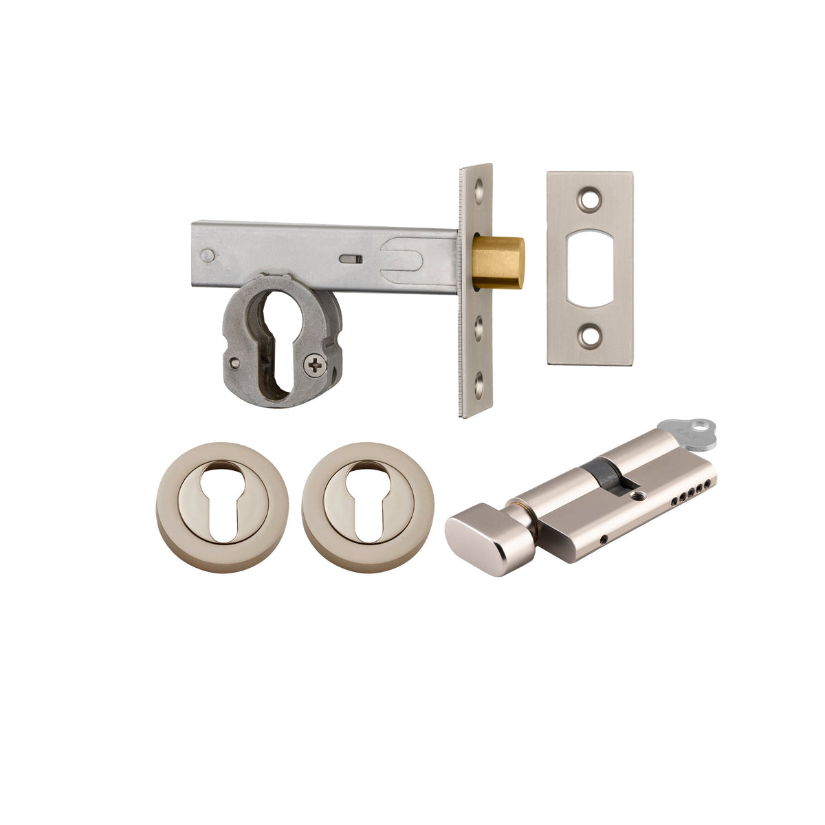 Euro Mortice Deadbolt Satin Nickel Key/Thumb Escutcheon Round Kit 70mm